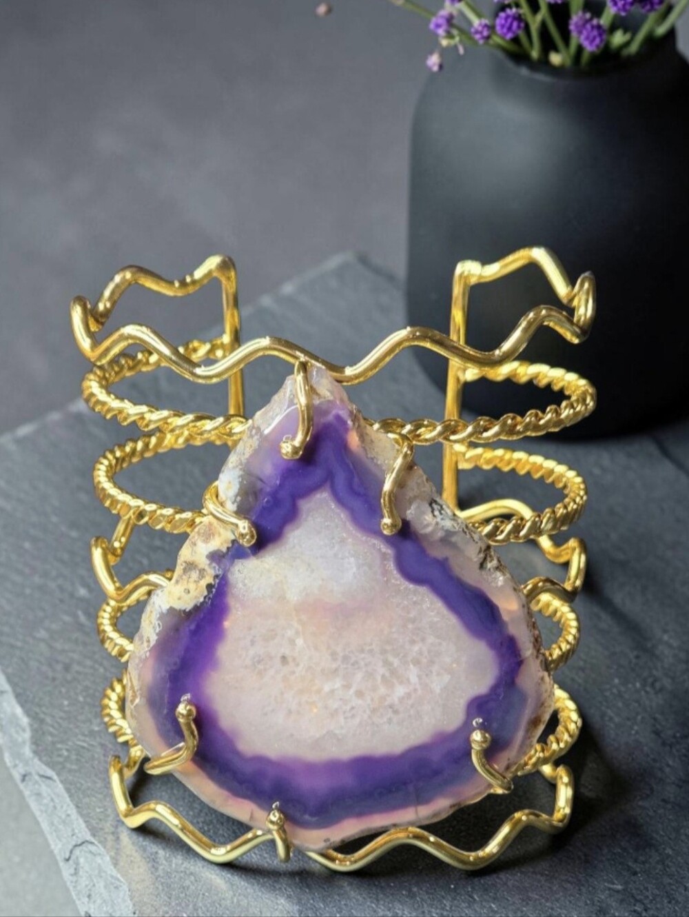 Massive 18k Gold Plated Artisan Amethyst Geode Teardrop Agate Cuff Bracelet